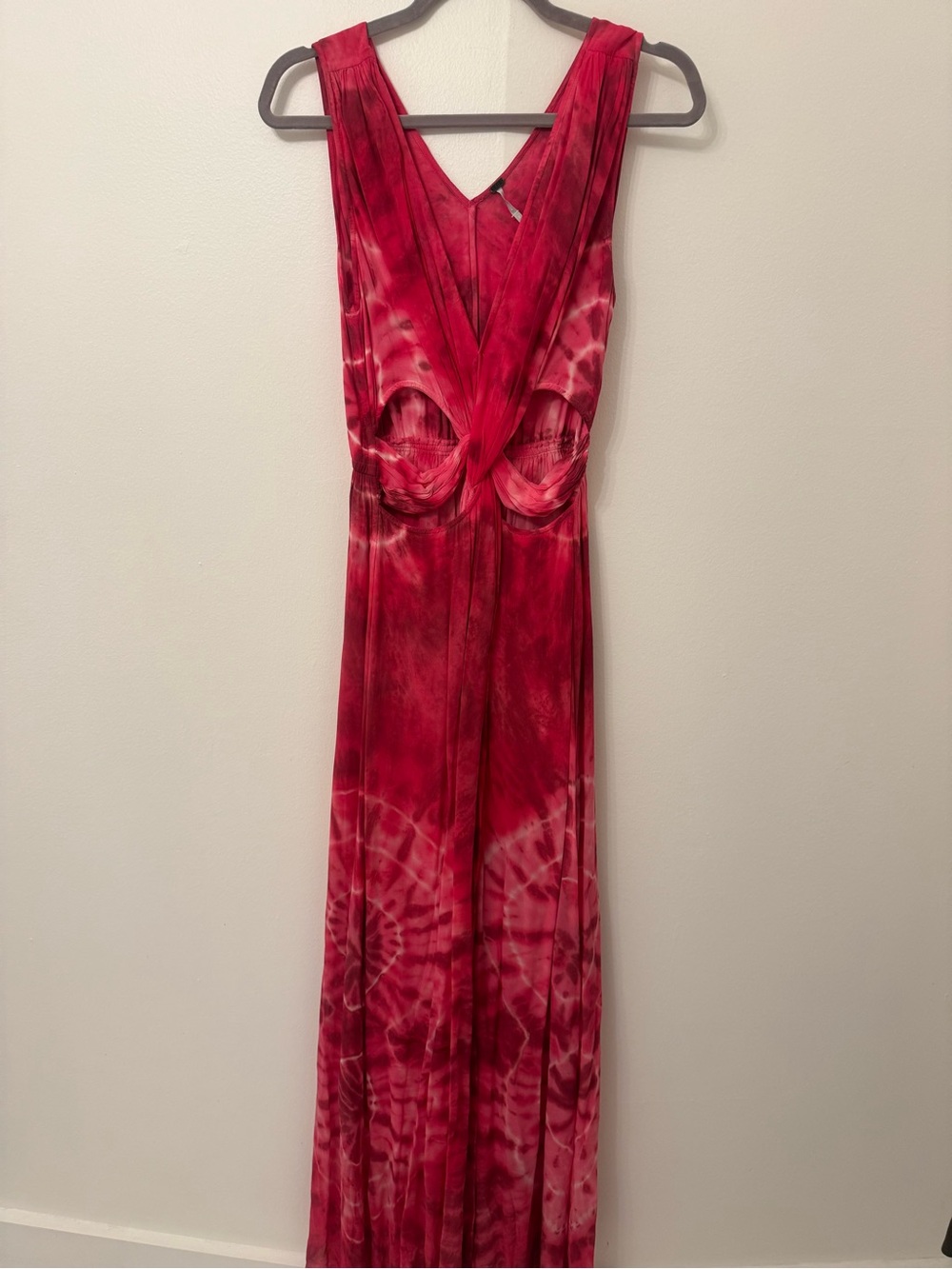 Red Tie-Dye Maxi Dress with Front Cutout and V-Neck